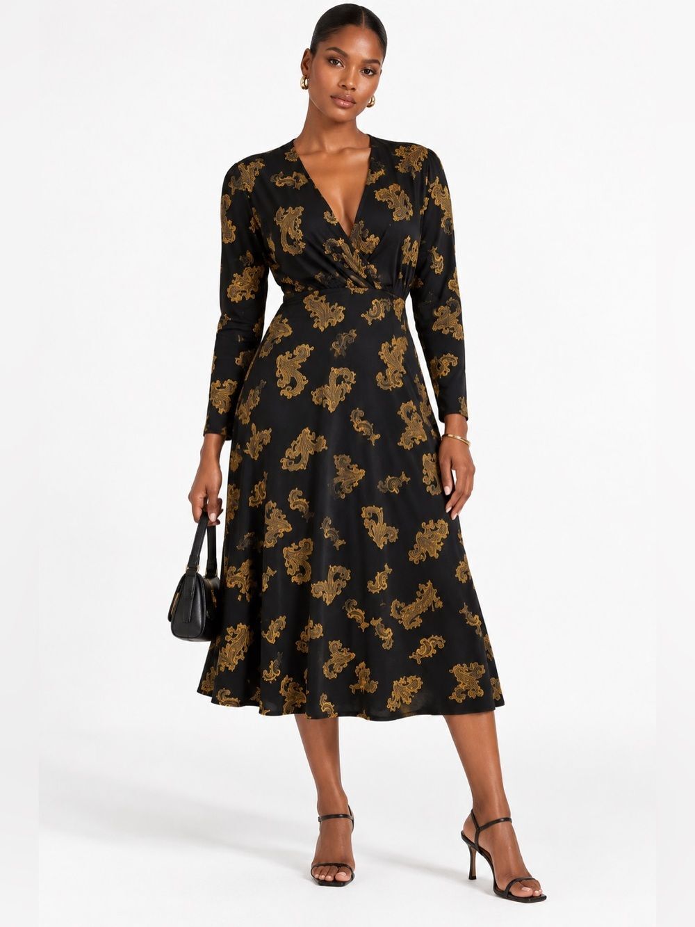 MONSOON Black & Gold Paisley Wrap Midi Dress Size US10